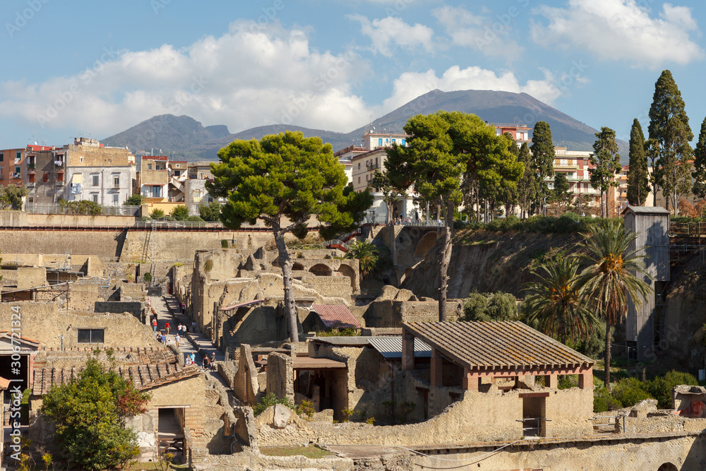 View of ancient Ercolano (Herculaneum) city ruins with Vesuvius mounting