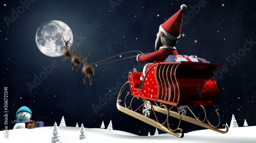 Fototapeta Naklejka Na Ścianę i Meble -  SantaClaus flying to full moon sky with raindeer and sledge above snow land and snow man on the floor.