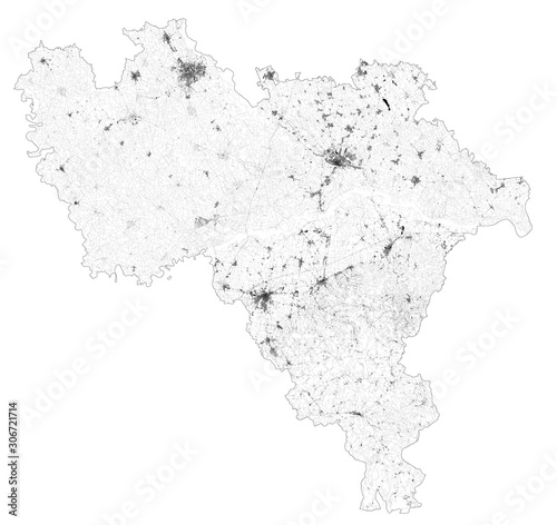 Satellite map of province of Pavia, towns and roads, buildings and connecting roads of surrounding areas. Lombardy, Italy. Map roads, ring roads