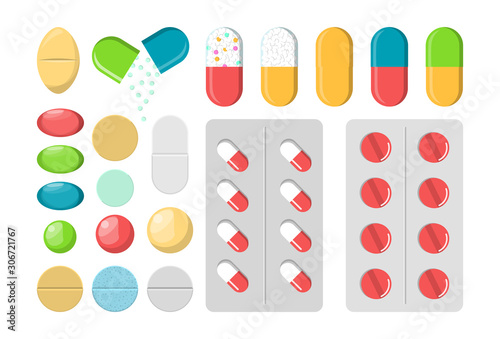 Set of pills vector isolated. Medicine collection, vitamin capsule