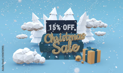 Christmas sale 15% fifteen percent off 3d illustration in cartoon style. Xmas discount concept.