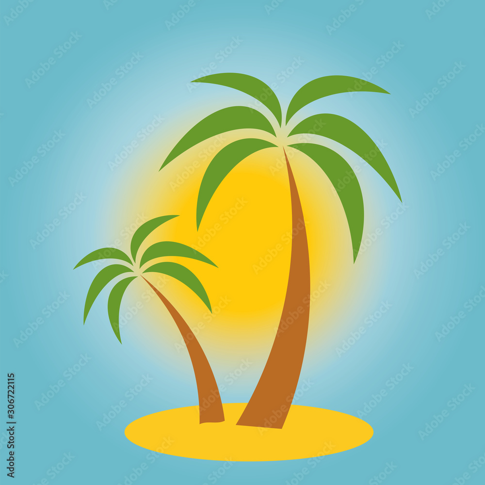 Palm trees by the sea with the sun - vector illustration