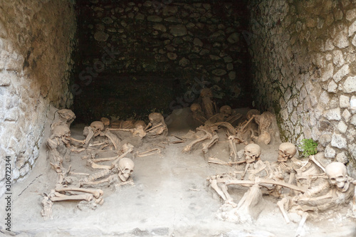 Skeletons in boathouses in Ancient Ercolano (Herculaneum) city ruins.