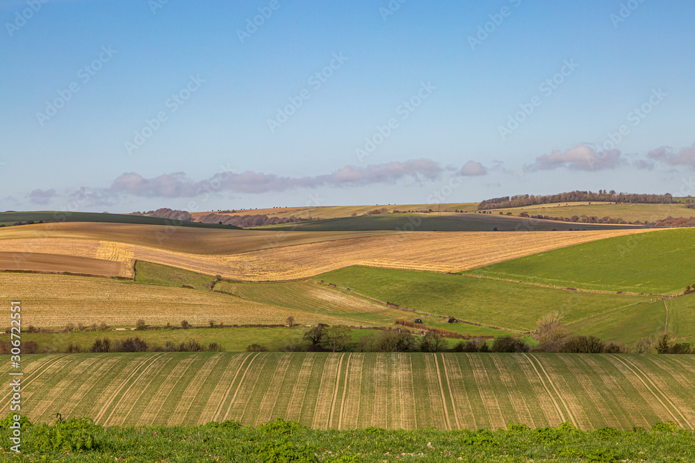 Looking out over patchwork fields in Sussex, on a sunny winters day