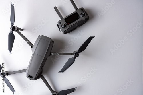 Drone and remote control isolated on white background. Drones and technology concept.