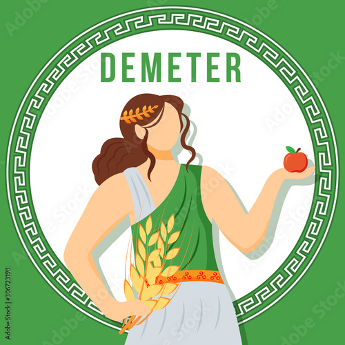 Demeter green social media post mockup. Ancient Greek goddess. Mythological figure. Web banner design template. Social media booster, content layout. Poster, printable card with flat illustrations