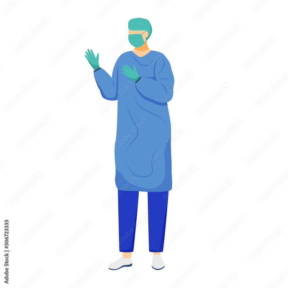 Surgeon flat vector illustration. Doctor, medical specialist in mask and gloves. Therapist, medic wearing blue coat character. General practitioner, physician preparing for checkup isolated on white Surgeon flat vector illustration. Doctor, medical specialist in mask and gloves. Therapist, medic wearing blue coat character. General practitioner, physician preparing for checkup isolated on white