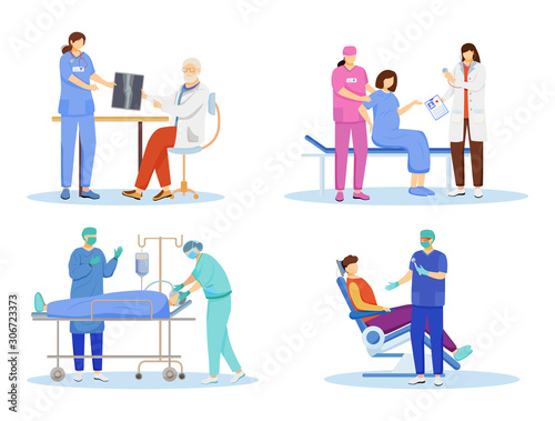 Doctors flat vector illustrations set. General practitioners, therapists, surgeons cartoon characters. Resuscitation, first aid and surgical operation. Dentist, orthopedic isolated on white