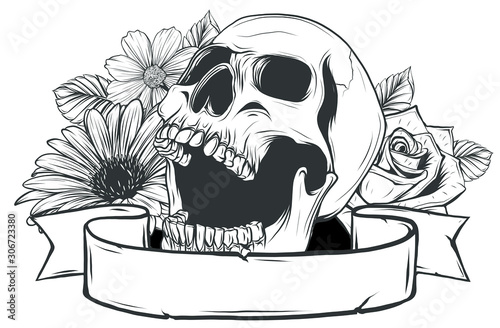Skull. Hipster skull silhouette with mustache and arose in teeth with ribbon and bouquet of roses on a background.