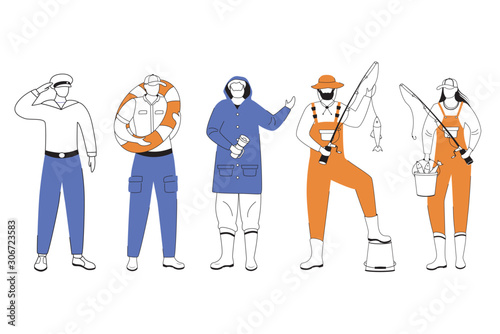 Maritime professions flat vector illustration. Sailor and lighthouse keeper. Marine occupation. Coast guard. Fishers isolated cartoon characters with outline elements on white background