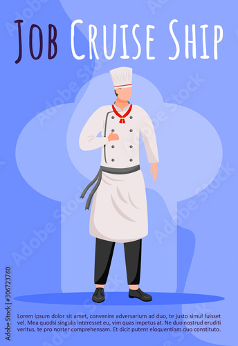Job cruise ship poster vector template. Ocean liner professional cook, chef. Crew member. Brochure, cover, booklet page concept design with flat illustration. Advertising flyer, leaflet, banner layout
