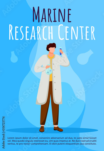 Marine research center poster vector template. Marine science. Scientist with test tube. Brochure, cover, booklet page concept design with flat illustrations. Advertising flyer, leaflet, banner layout