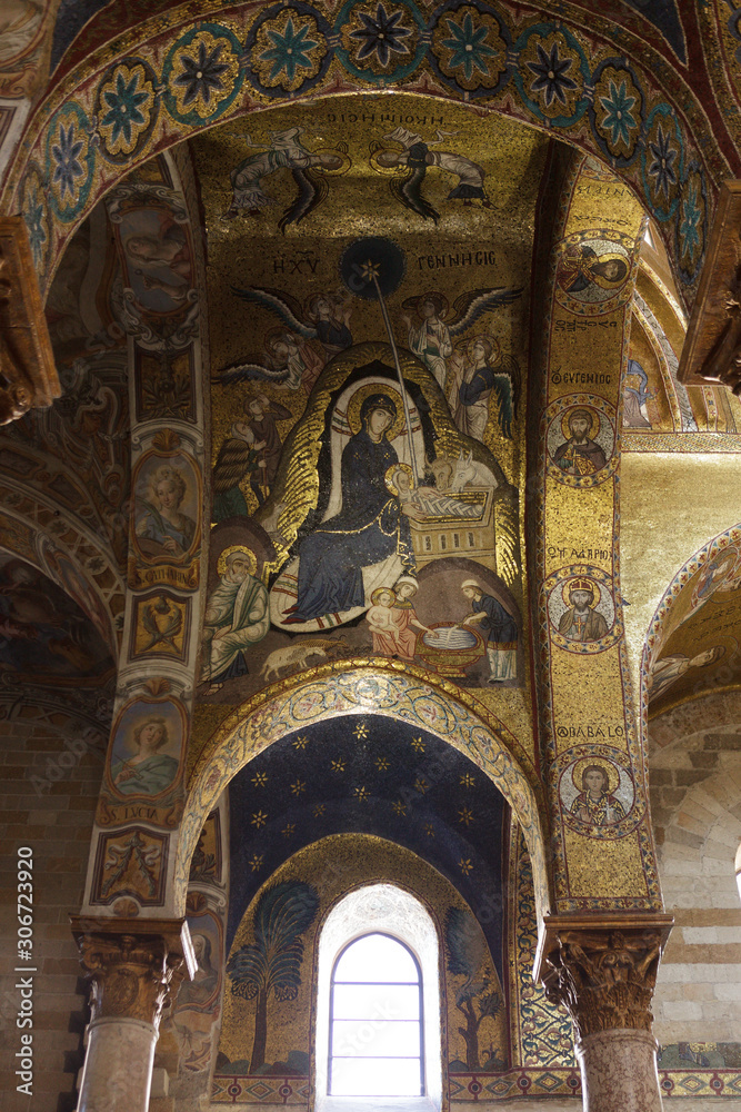 Mosaic on wall of interor of the church Martorana