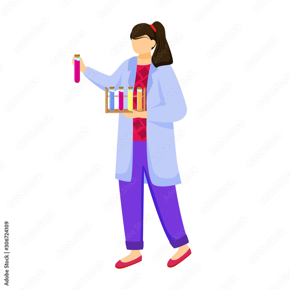 Science student in lab coat flat vector illustration. Girl studies medicine, chemistry. Practical lessons at university. Female scientist with test tubes isolated cartoon character on white background
