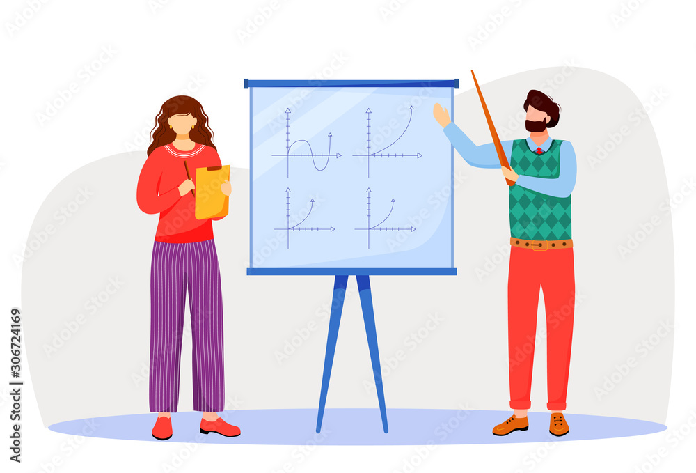 Teacher explains math graphs on whiteboard flat vector illustration. Studying process at university, school. Learning mathematics. Professor and student isolated cartoon characters on white background Stock Vector | Adobe Stock Teacher explains math graphs on whiteboard flat vector illustration. Studying process at university, school. Learning mathematics. Professor and student isolated cartoon characters on white background Stock Vector | Adobe Stock