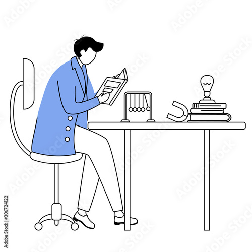 Scientist at his working place flat contour vector illustration. Man in blue lab coat. University professor simple drawing. Physicist sitting and reading book isolated outline cartoon character