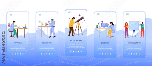 Science branches characters onboarding mobile app screen vector template. Scientists and students. Walkthrough website steps with flat characters. UX, UI, GUI smartphone cartoon interface concept