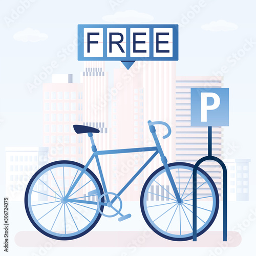 Modern bike on parking. Free bike parking concept. Urban view on background.