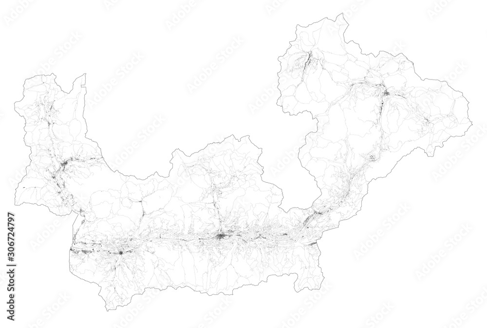 Satellite map of province of Sondrio, towns and roads, buildings and connecting roads of surrounding areas. Lombardy, Italy. Map roads, ring roads