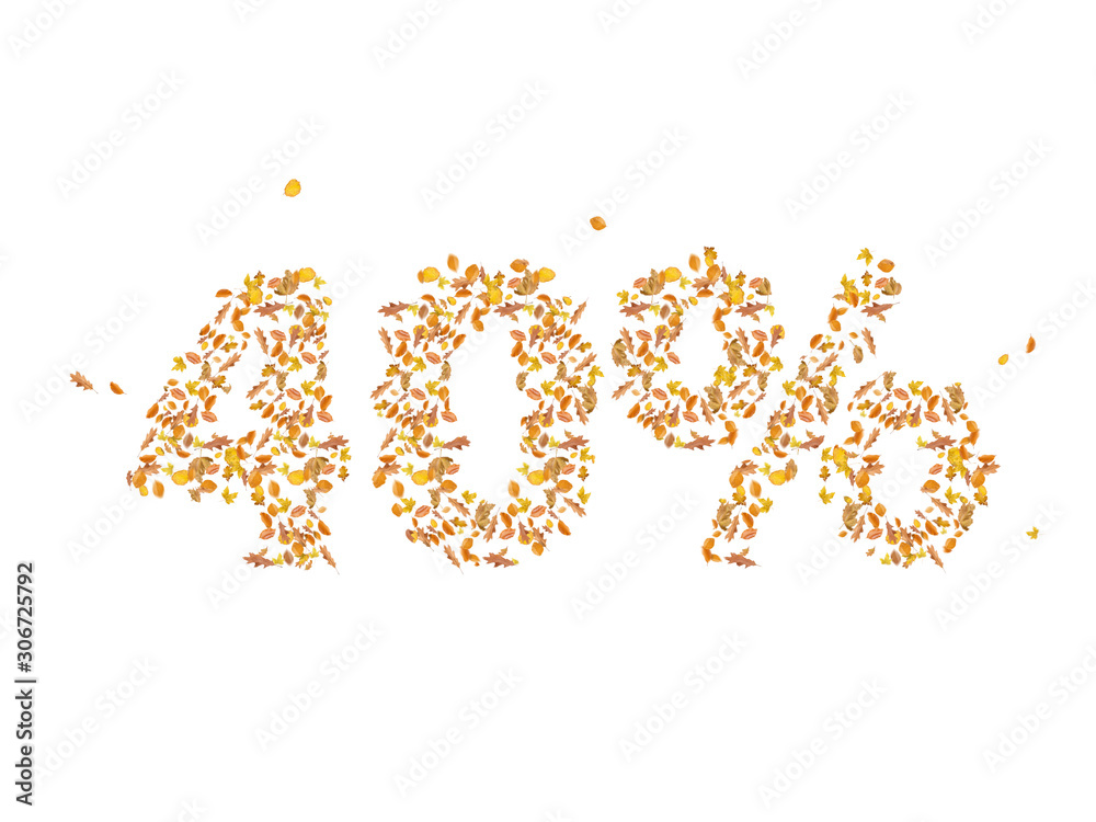 Autumn sale, 40% off discount, retail, online, banner, poster, display, wallpaper, postcard, Different Autumn leaves blowing through the sky, white isolated background Autumn sale, 40% off discount, retail, online, banner, poster, display, wallpaper, postcard, Different Autumn leaves blowing through the sky, white isolated background