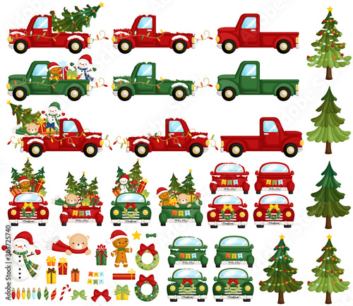 A Vector Set of Cute Colourful Christmas Truck with Lots of Christmas Characters and Items