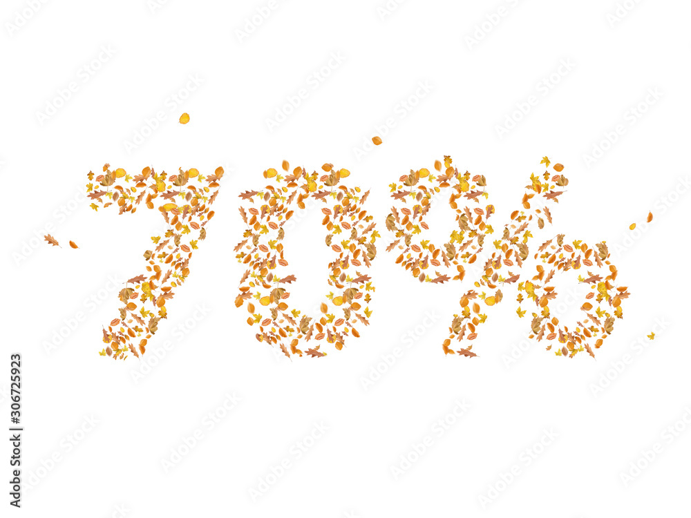 Autumn sale, 70% off discount, retail, online, banner, poster, display, wallpaper, postcard, Different Autumn leaves blowing through the sky, white isolated background Autumn sale, 70% off discount, retail, online, banner, poster, display, wallpaper, postcard, Different Autumn leaves blowing through the sky, white isolated background