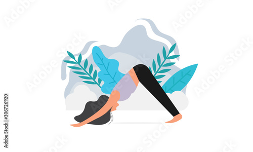 beautiful woman in Downward facing dog poses of yoga.  Vector yoga illustration. yoga poses. Yoga exercises. Women yoga. Yoga class,  yoga center, yoga studio. Yoga poster. Healthy lifestyle.
