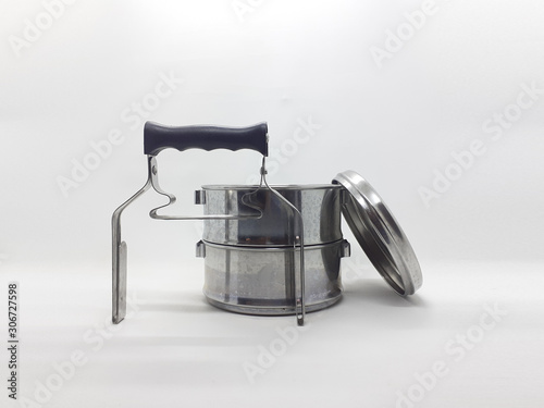 Indonesian Asia Metallic Silver Stainless Steel Food Hamper Cascading Container Rack with Comfortable Handle in White Isolated Background