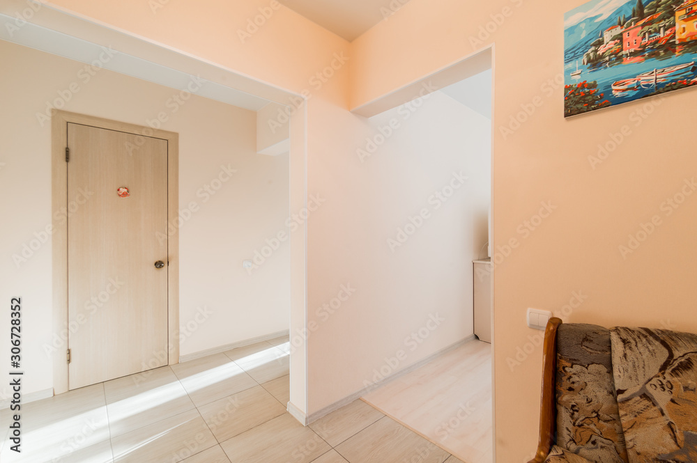Russia, Moscow- July 25, 2019: interior room apartment. standard repair decoration in hostel. room doors, repair corridor