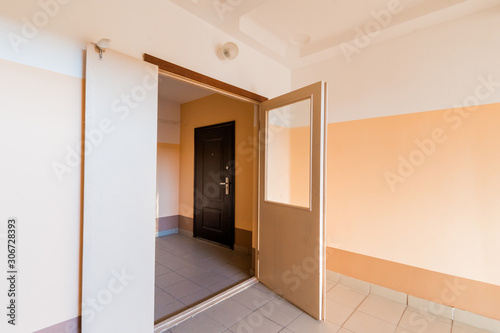 Russia, Moscow- July 25, 2019: interior room apartment. standard repair decoration in hostel. room doors, repair corridor