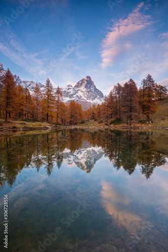 landscape with the Matterhorn peak reflected in the Blue Lake, Breuil-Cervinia, Aosta, Italy