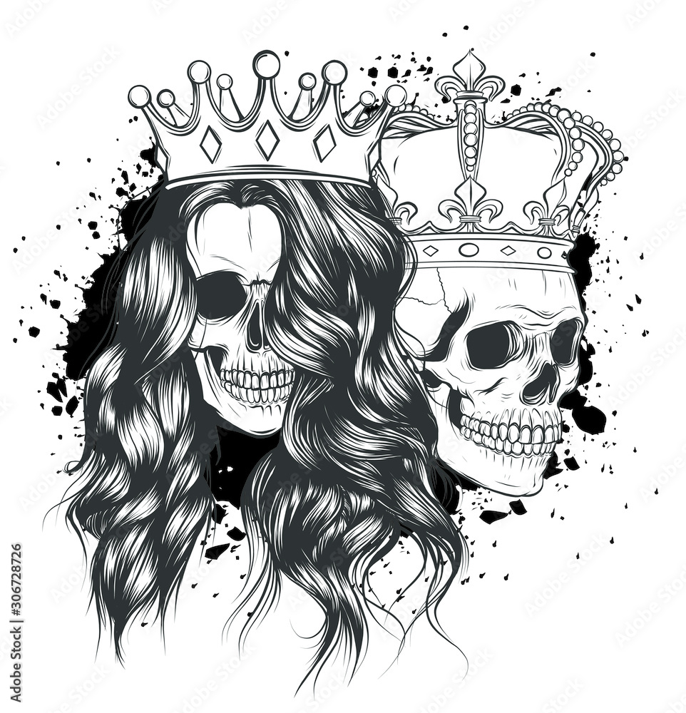 tattoo of King and queen of death. Portrait of a skull with a crown ...