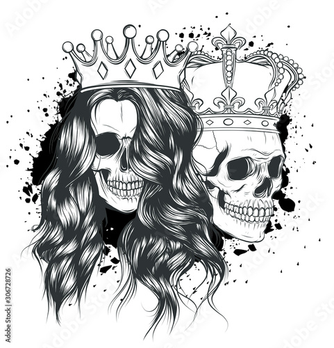 tattoo of King and queen of death. Portrait of a skull with a crown.