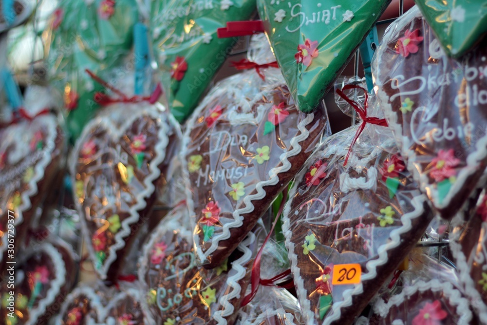 Fototapeta premium Gingerbread hearts displayed on a Christmas Market in Poland. 