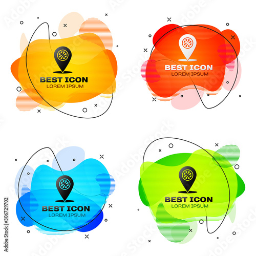 Black Location with basketball ball inside icon isolated on white background. Set abstract banner with liquid shapes. Vector Illustration