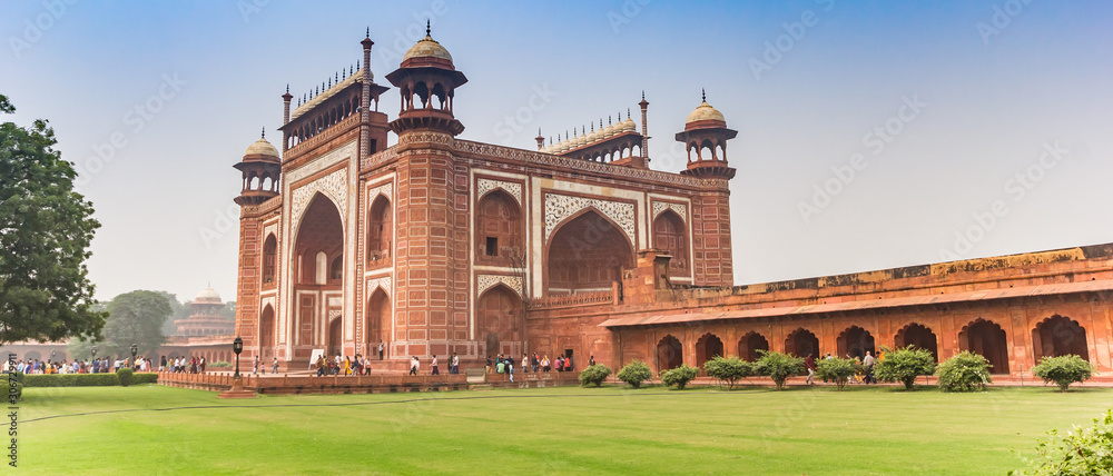 Panorama of the entrance gate to the Taj Mahal in Agra, India