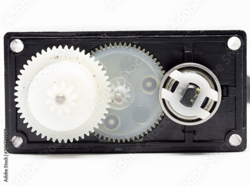 close u p macro inside digital servo motor on white isolate background photo