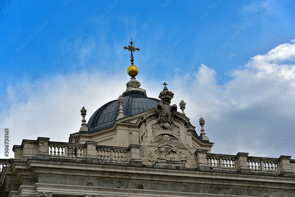 Madrid Royal Palace, Coat of arms on top of palace, Spain
