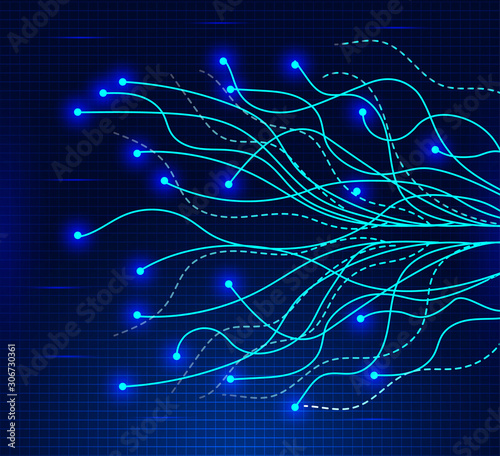 Digital future waves in cyberspace with grid. AI technology concept vector. Futuristic background for web. Tiny particles are flowing  leaving a trails.