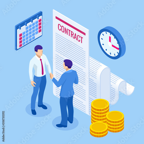 Isometric signed a contract with a stamp. Document with a signature. The form of the document. Business financial agreement or contract