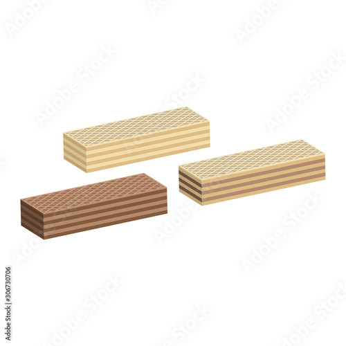 Three types of rectangular crispy waffles with chocolate, creme brulee and chocolate - creme brulee filling. Confectionery crispy desserts.3d vector illustration and isometric view.