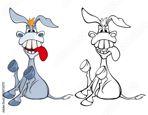 Vector Illustration of a Cute Cartoon Character Burro for you Design and Computer Game. Coloring Book Outline Set 
