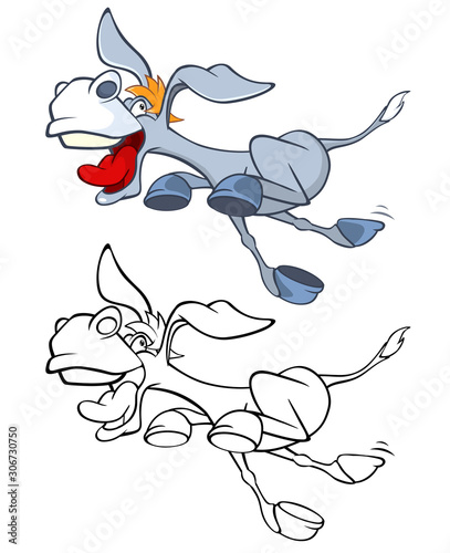Vector Illustration of a Cute Cartoon Character Burro for you Design and Computer Game. Coloring Book Outline Set 