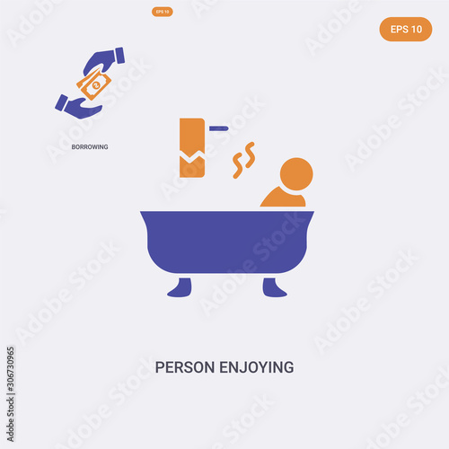 2 color Person enjoying jacuzzi bath concept vector icon. isolated two color Person enjoying jacuzzi bath vector sign symbol designed with blue and orange colors can be use for web, mobile and logo.
