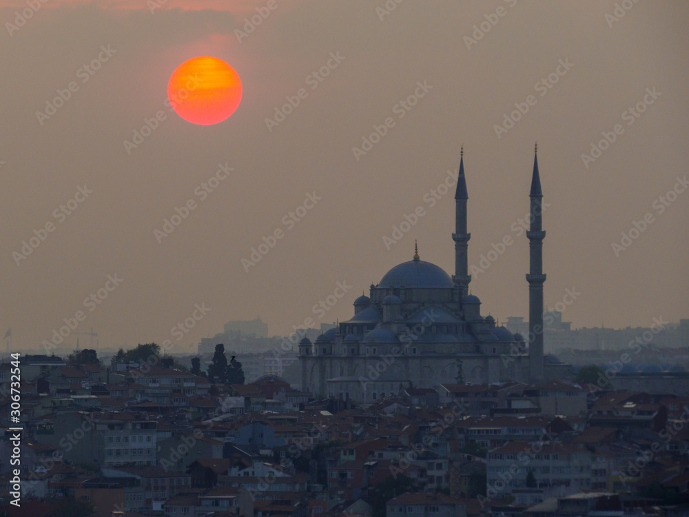 Sunset view of the Fatih Mosque in Istanbul, Turkey