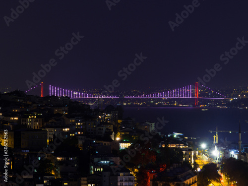 View of the Bosphorus Bridge by night. In Istanbul, Turkey