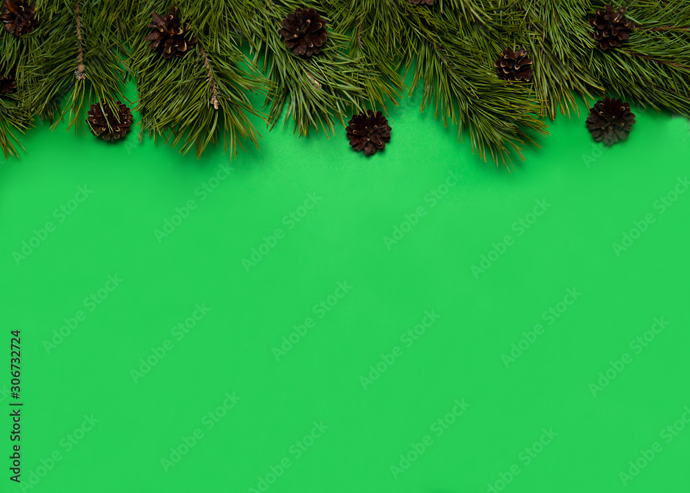 Christmas composition. The border is made of pine branches and cones on a green background. Christmas, winter, New year.