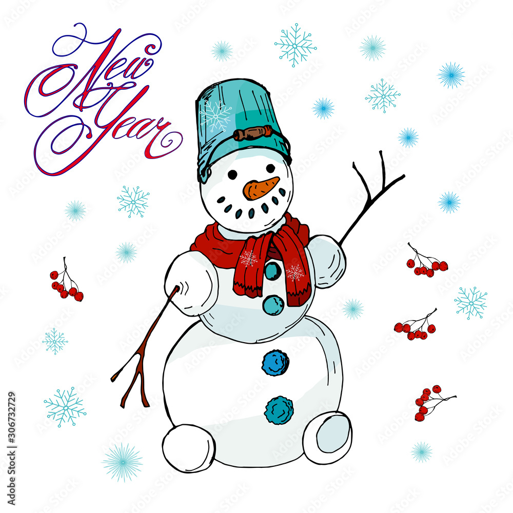 Snowmen, snowflakes and inscription Merry Christmas, color  isolated illustration on white background