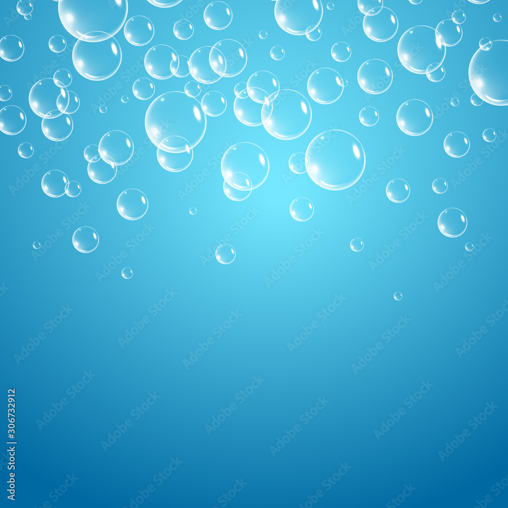 Soap bubbles background, vector illustration. Set of clean water, soap, gas or air bubbles with reflection on blue gradient background. Realistic underwater.