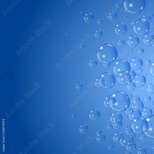 Soap bubbles background, vector illustration. Set of clean water, soap, gas or air bubbles with reflection on blue gradient background. Realistic underwater.